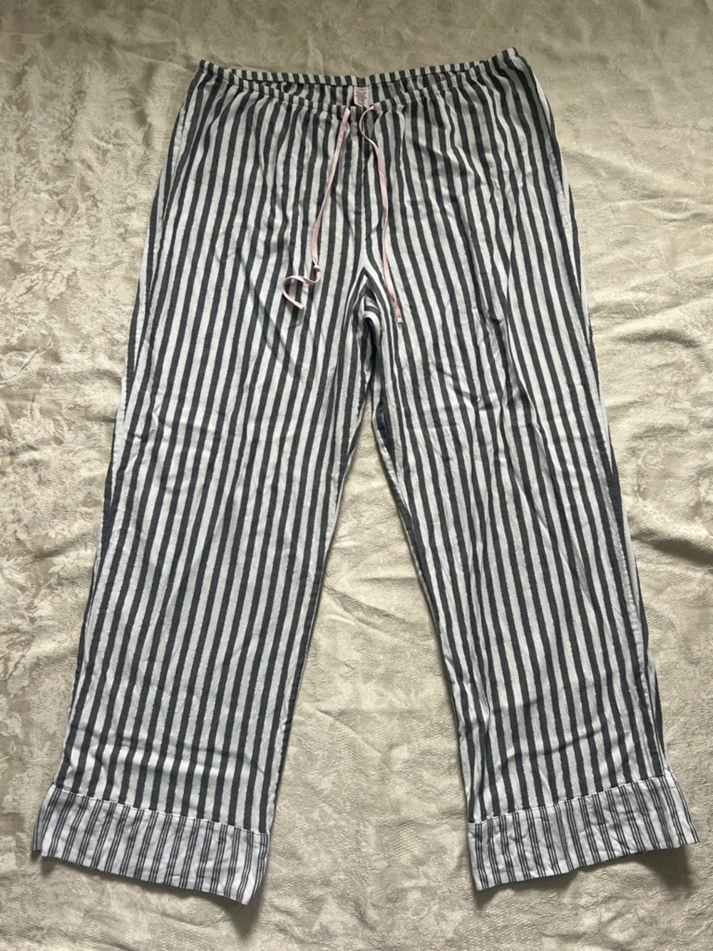 Victoria's Secret Black & White Striped Lounge Pants with Pale Pink Drawstring